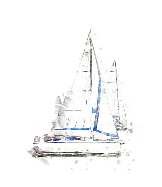 Sailing Yachts Sailing Lake Background Developing Clouds Illustration Drawing Sketch — Stock Photo, Image
