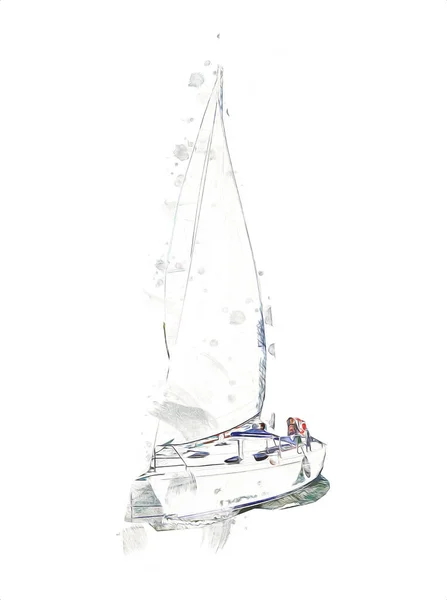 湖を航海ヨット 背景に雲 イラスト スケッチ ヴィンテージ アート ヴィンテージ アンティーク レトロを開発セーリング — ストック写真