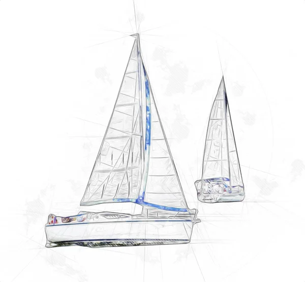 Segling Båtar Seglar Sjön Bakgrunden Utveckla Moln Illustration Ritning Skiss — Stockfoto