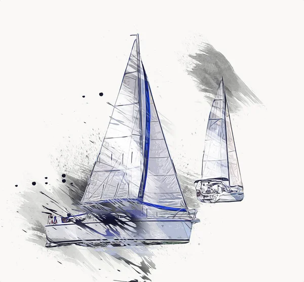 Yachts Voile Naviguant Sur Lac Arrière Plan Développement Nuages Illustration — Photo