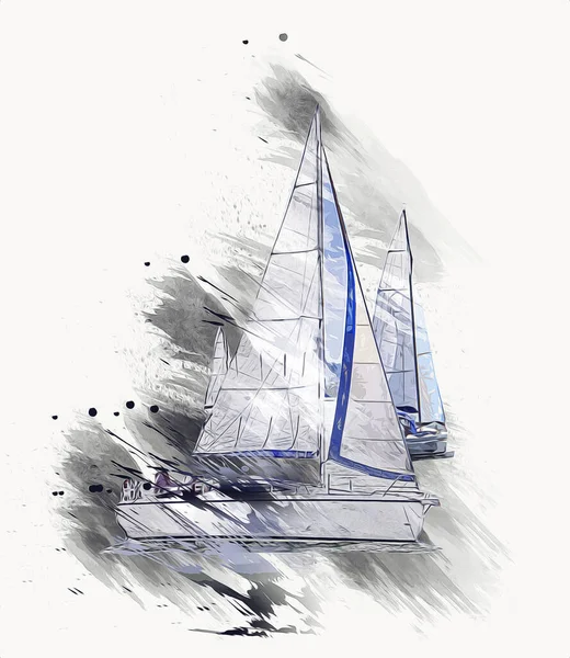 Yachts Voile Naviguant Sur Lac Arrière Plan Développement Nuages Illustration — Photo