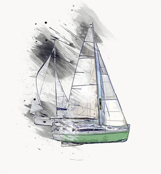 Gölde yelken açan yatlar, arka planda bulutlar, illüstrasyon, çizim, eskiz, klasik sanat, resim, antika, retro