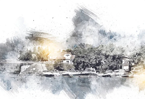 Güneşli yaz gününde Mikolajki kasabasında yat gezintisi, Mazury Lake District, Polonya, illüstrasyon, çizim, eskiz, klasik, sanat, resim, antika, retro