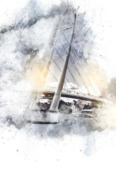 Güneşli yaz gününde Mikolajki kasabasında yat gezintisi, Mazury Lake District, Polonya, illüstrasyon, çizim, eskiz, klasik, sanat, resim, antika, retro