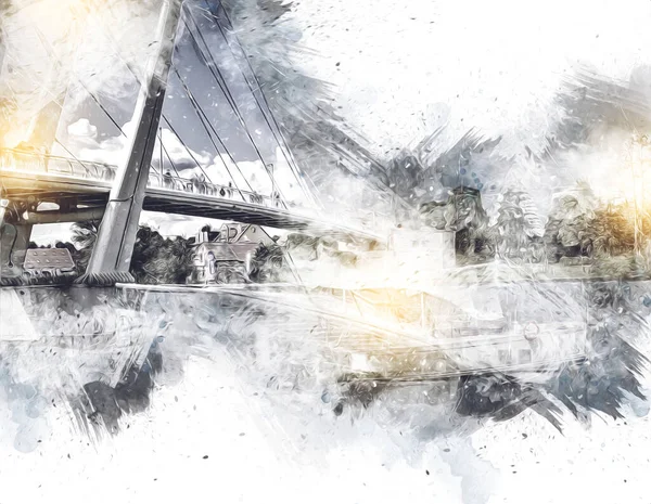 Güneşli yaz gününde Mikolajki kasabasında yat gezintisi, Mazury Lake District, Polonya, illüstrasyon, çizim, eskiz, klasik, sanat, resim, antika, retro