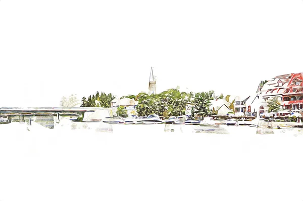 晴れた夏の日にMikolajki町の運河でヨットセーリング ポーランドのMazury湖地区 イラスト スケッチ ヴィンテージ アート ヴィンテージ アンティーク レトロ — ストック写真