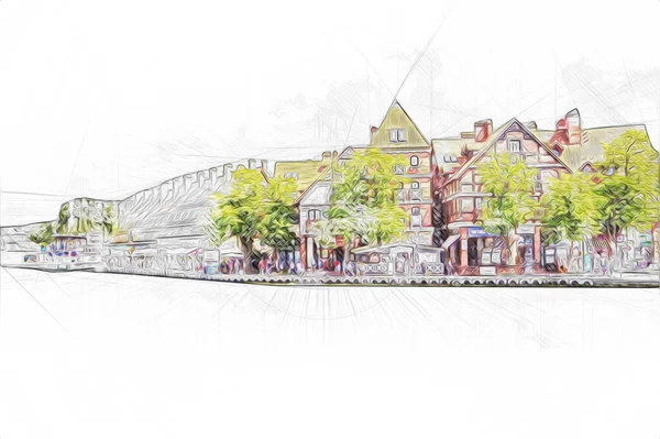 Güneşli yaz gününde Mikolajki kasabasında yat gezintisi, Mazury Lake District, Polonya, illüstrasyon, çizim, eskiz, klasik, sanat, resim, antika, retro