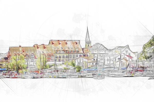 Güneşli yaz gününde Mikolajki kasabasında yat gezintisi, Mazury Lake District, Polonya, illüstrasyon, çizim, eskiz, klasik, sanat, resim, antika, retro