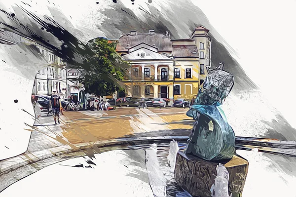 Mikolajki 'deki şehir pazarı güneşli yaz gününde, Mazury Lake Bölgesi, Polonya, illüstrasyon, çizim, eskiz, klasik, resim, antika, retro