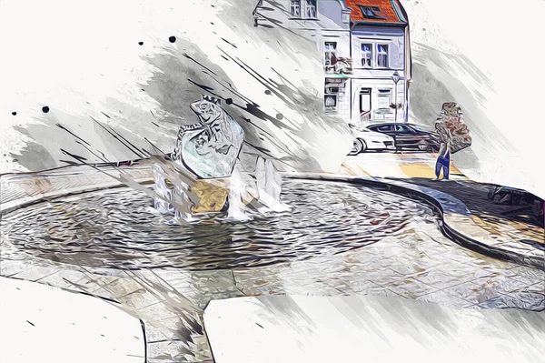 Mikolajki 'deki şehir pazarı güneşli yaz gününde, Mazury Lake Bölgesi, Polonya, illüstrasyon, çizim, eskiz, klasik, resim, antika, retro