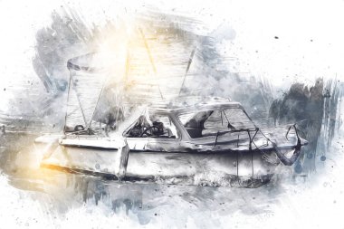 Gölde yelkenli gezintisi, arka planda bulutlar, illüstrasyon, çizim, eskiz, klasik, sanat, klasik, antika, retro