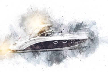 Gölde yelkenli gezintisi, arka planda bulutlar, illüstrasyon, çizim, eskiz, klasik, sanat, klasik, antika, retro