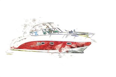 Gölde yelkenli gezintisi, arka planda bulutlar, illüstrasyon, çizim, eskiz, klasik, sanat, klasik, antika, retro