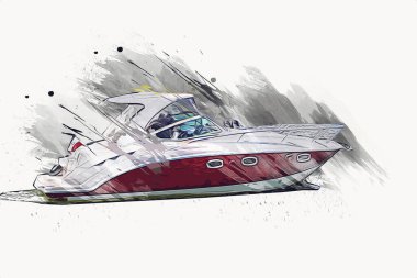 Gölde yelkenli gezintisi, arka planda bulutlar, illüstrasyon, çizim, eskiz, klasik, sanat, klasik, antika, retro