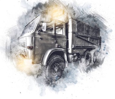 Zırhlı Araç Teknik Askeri Kamyon Sanat Çizimi