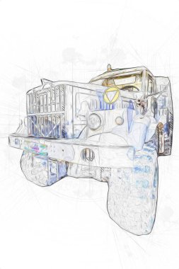 Zırhlı Araç Teknik Askeri Kamyon Sanat Çizimi