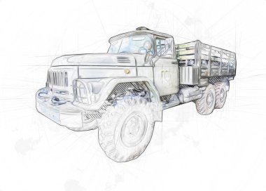 Zırhlı Araç Teknik Askeri Kamyon Sanat Çizimi