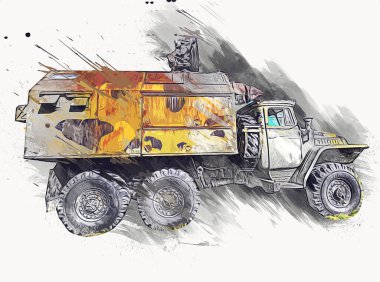 Zırhlı Araç Teknik Askeri Kamyon Sanat Çizimi