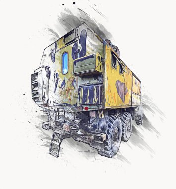 Zırhlı Araç Teknik Askeri Kamyon Sanat Çizimi