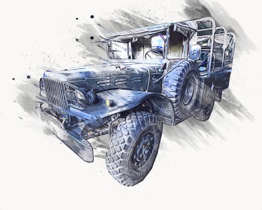 Zırhlı Araç Teknik Askeri Kamyon Sanat Çizimi