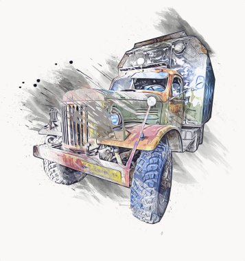 Zırhlı Araç Teknik Askeri Kamyon Sanat Çizimi