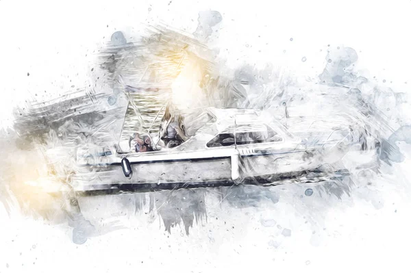 Motorbootfahren Auf Dem See Hintergrund Sich Entwickelnde Wolken Illustration Zeichnung — Stockfoto