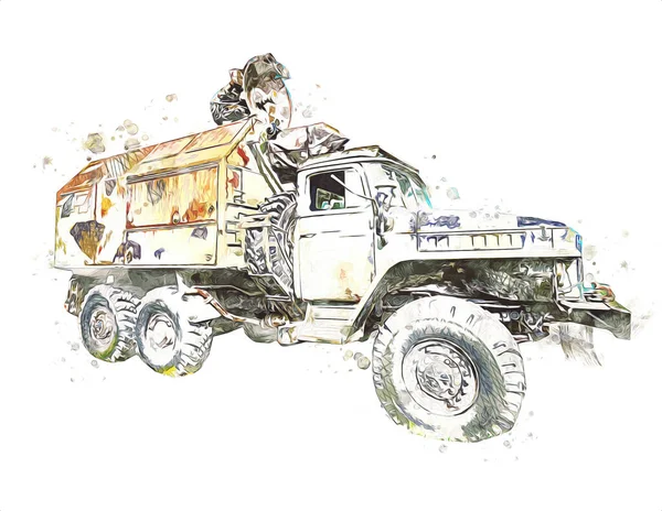 Véhicule Blindé Technique Militaire Camion Art Illustration Isolé Croquis — Photo