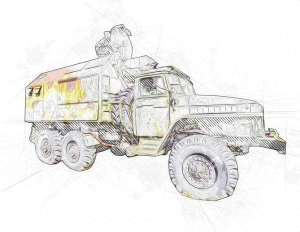 Véhicule Blindé Technique Militaire Camion Art Illustration Isolé Croquis — Photo
