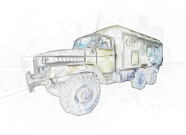 Vehículo Blindado Técnica Militar Camión Arte Ilustración Aislado Boceto —  Fotos de Stock