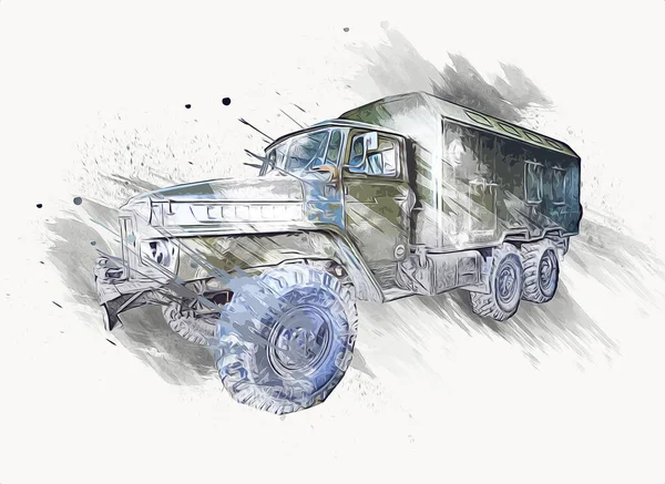 Obrněné Vozidlo Technické Vojenské Truck Umění Ilustrace Izolované Skica — Stock fotografie