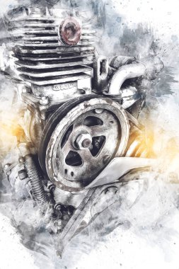 Motosiklet motorunun bir parçası atölyede, resim, çizim, eskiz, klasik, resim, klasik, antika, retro