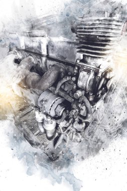 Motosiklet motorunun bir parçası atölyede, resim, çizim, eskiz, klasik, resim, klasik, antika, retro