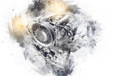 Motosiklet motorunun bir parçası atölyede, resim, çizim, eskiz, klasik, resim, klasik, antika, retro