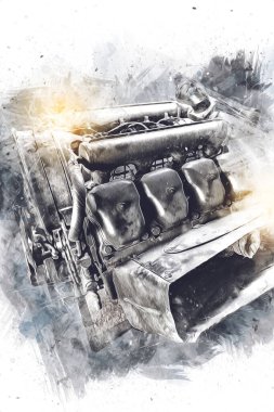 Motosiklet motorunun bir parçası atölyede, resim, çizim, eskiz, klasik, resim, klasik, antika, retro