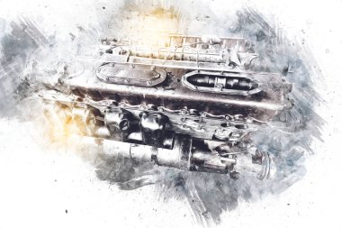 Motosiklet motorunun bir parçası atölyede, resim, çizim, eskiz, klasik, resim, klasik, antika, retro