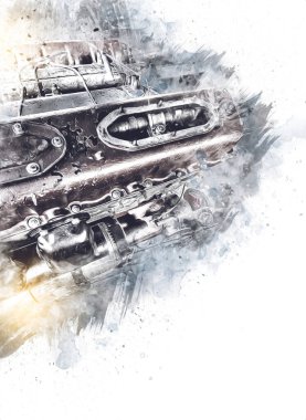 Motosiklet motorunun bir parçası atölyede, resim, çizim, eskiz, klasik, resim, klasik, antika, retro