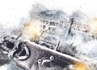 Motosiklet motorunun bir parçası atölyede, resim, çizim, eskiz, klasik, resim, klasik, antika, retro