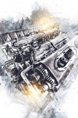 Motosiklet motorunun bir parçası atölyede, resim, çizim, eskiz, klasik, resim, klasik, antika, retro