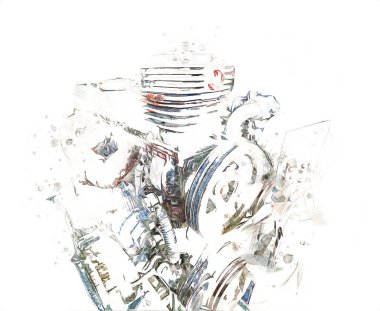 Motosiklet motorunun bir parçası atölyede, resim, çizim, eskiz, klasik, resim, klasik, antika, retro