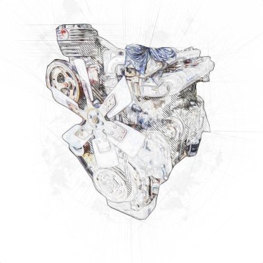 Motosiklet motorunun bir parçası atölyede, resim, çizim, eskiz, klasik, resim, klasik, antika, retro