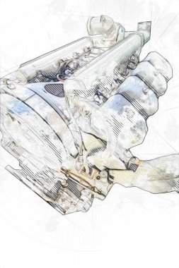 Motosiklet motorunun bir parçası atölyede, resim, çizim, eskiz, klasik, resim, klasik, antika, retro