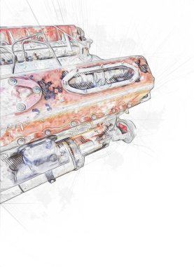 Motosiklet motorunun bir parçası atölyede, resim, çizim, eskiz, klasik, resim, klasik, antika, retro