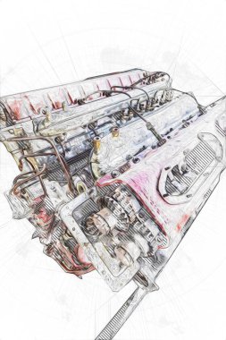 Motosiklet motorunun bir parçası atölyede, resim, çizim, eskiz, klasik, resim, klasik, antika, retro