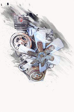 Motosiklet motorunun bir parçası atölyede, resim, çizim, eskiz, klasik, resim, klasik, antika, retro