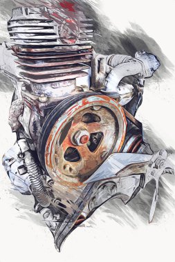 Motosiklet motorunun bir parçası atölyede, resim, çizim, eskiz, klasik, resim, klasik, antika, retro