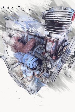 Motosiklet motorunun bir parçası atölyede, resim, çizim, eskiz, klasik, resim, klasik, antika, retro