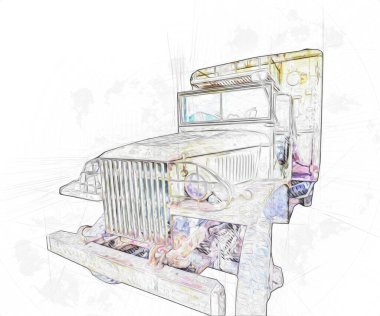 Antika İtfaiye Aracı - Yola park etmiş bir kamyon, çizim, çizim, eskiz, sanat, resim, klasik, antika, retro