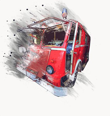 Antika İtfaiye Aracı - Yola park etmiş bir kamyon, çizim, çizim, eskiz, sanat, resim, klasik, antika, retro