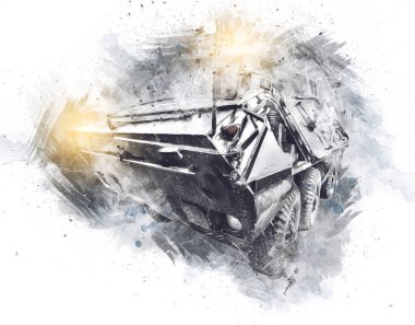 Eski zırhlı personel taşıyıcı, illüstrasyon, çizim, eskiz, vintage, resim, antika, retro