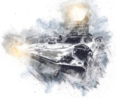 Eski zırhlı personel taşıyıcı, illüstrasyon, çizim, eskiz, vintage, resim, antika, retro